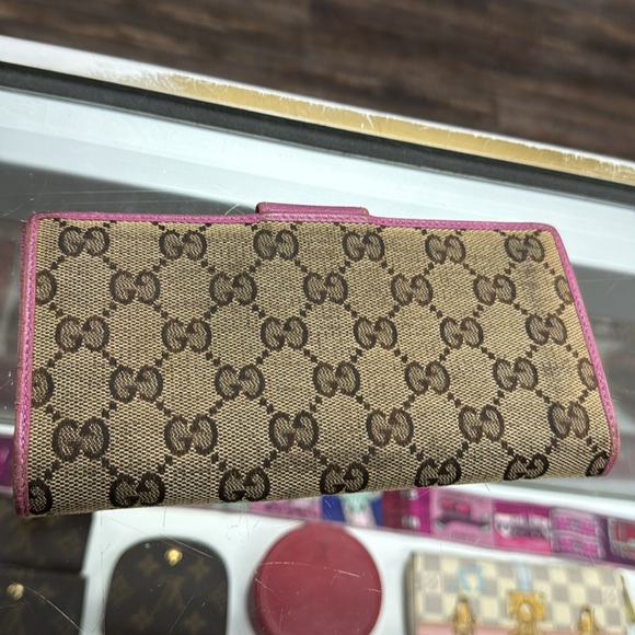 GUCCI Abbey Monogram Canvas Hot Pink Leather-Trim Long Snap Horsebit Wallet VTG - Picture 3 of 6